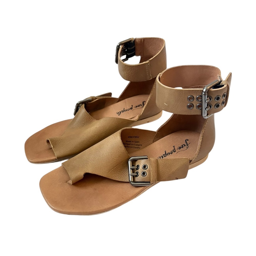 Free People Marco Tan Leather Toe Loop Ankle Strap Buckle Sandals Made in Spain